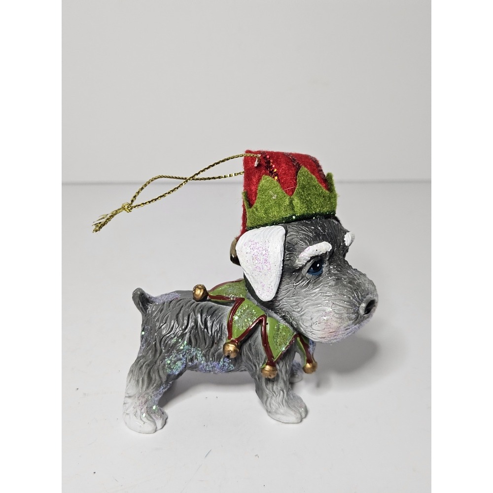 Miniature Schnauzer Christmas Ornament Grey Dog Elf Jester Hat Collar Bells Rare